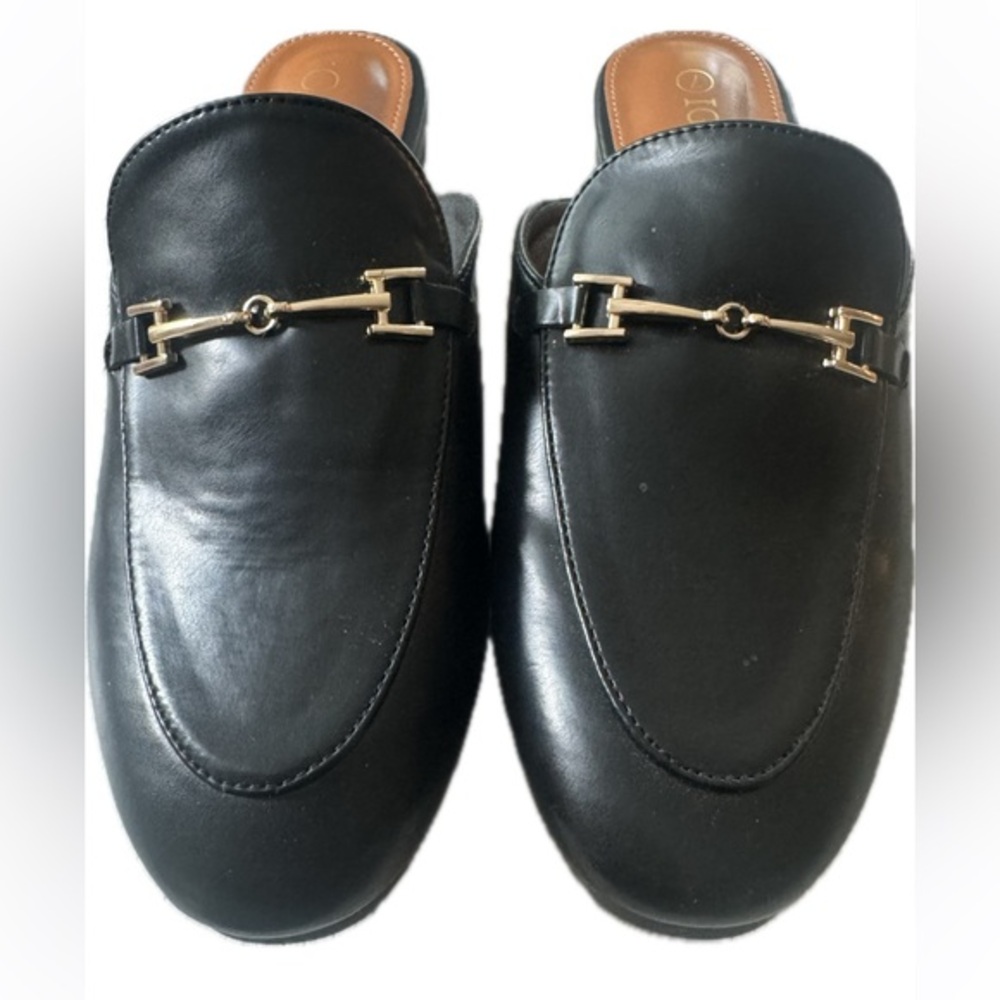 Black Faux Leather Slip On Mules with Horsebit Gold Accent 7